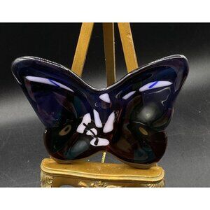 Fused Art Glass Butterfly Dark Blue Signed Trinket Dish Sharon Reed 2006